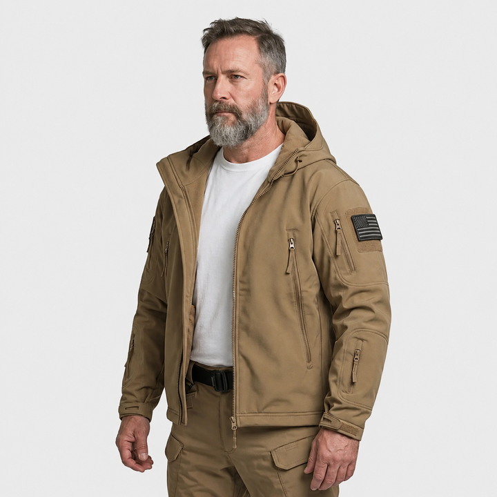 Men's Hooded Tactical Softshell Jacket with Zip Pockets