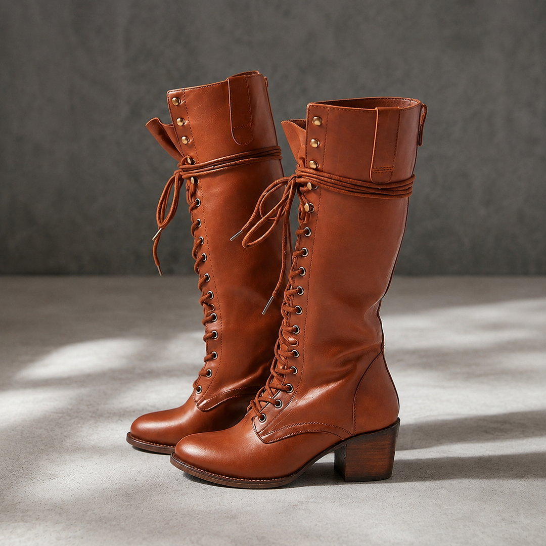 Women's Lace-Up Knee Boots with Block Heel