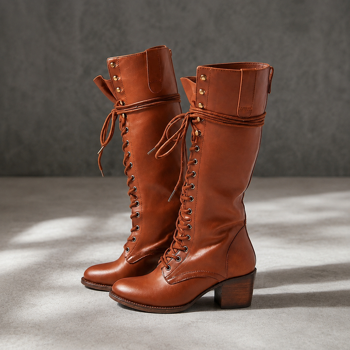 Women's Lace-Up Knee Boots with Block Heel