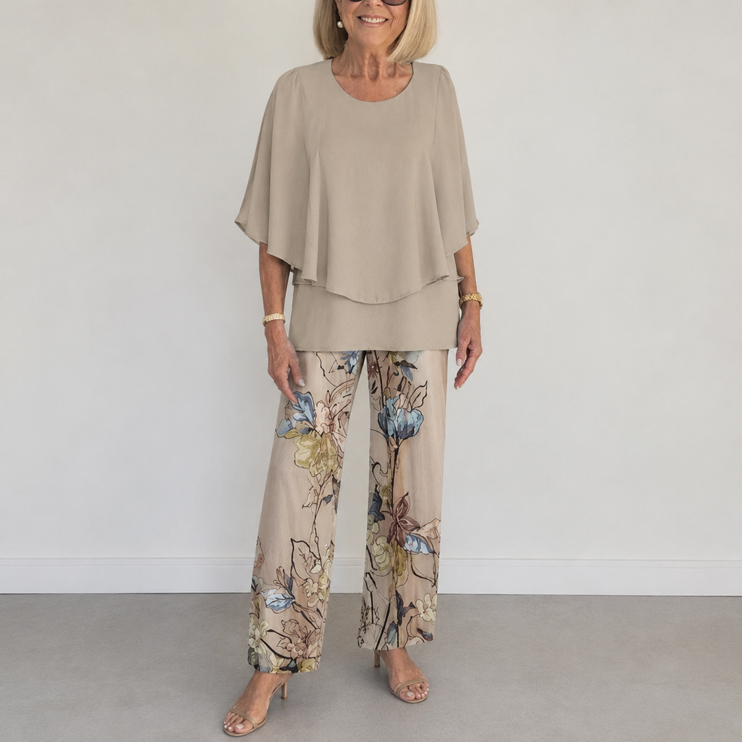 Women's Floral Print Two-Piece Pants Set with Draped Top