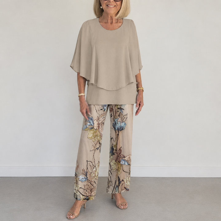 Women's Floral Print Two-Piece Pants Set with Draped Top