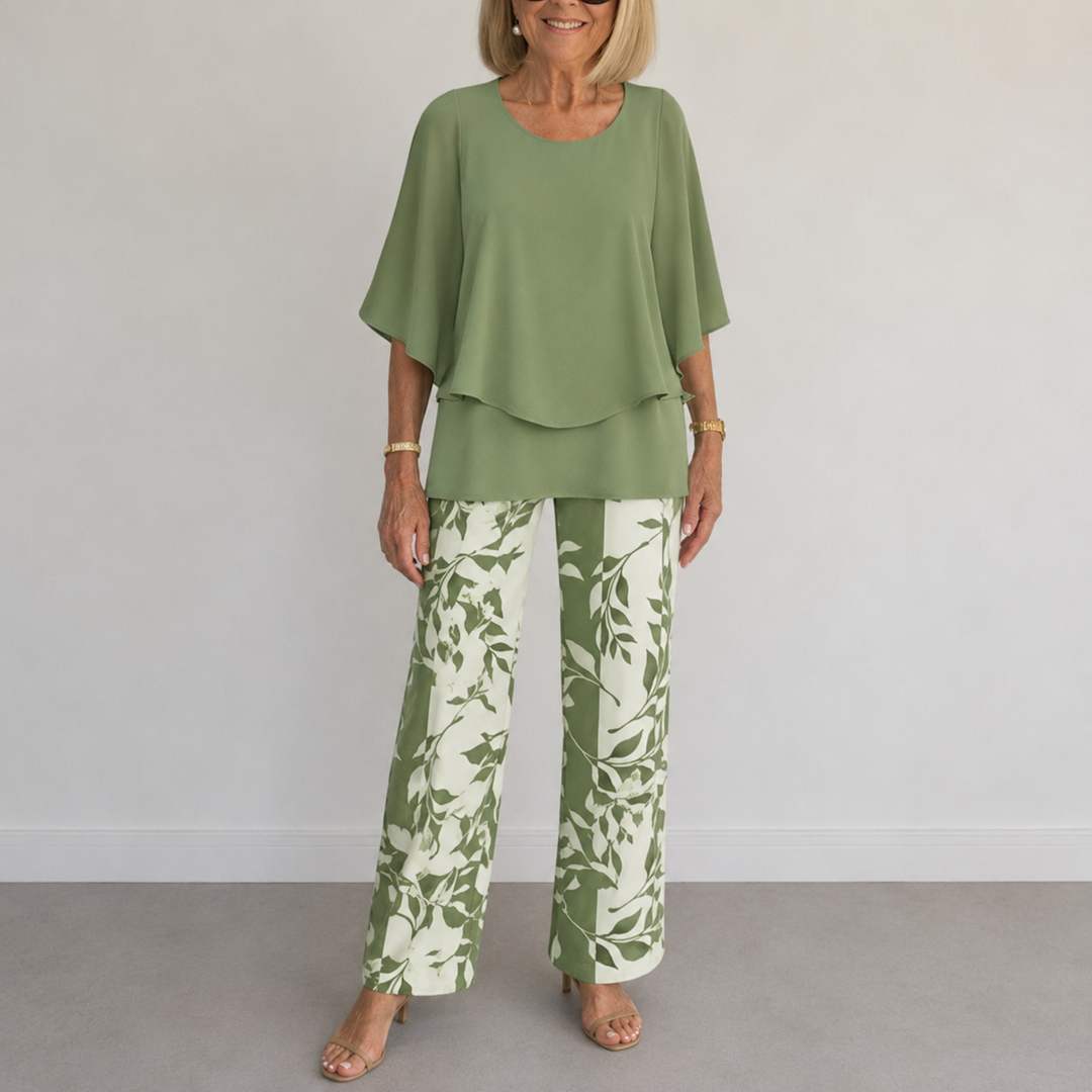Women's Floral Print Two-Piece Pants Set with Draped Top