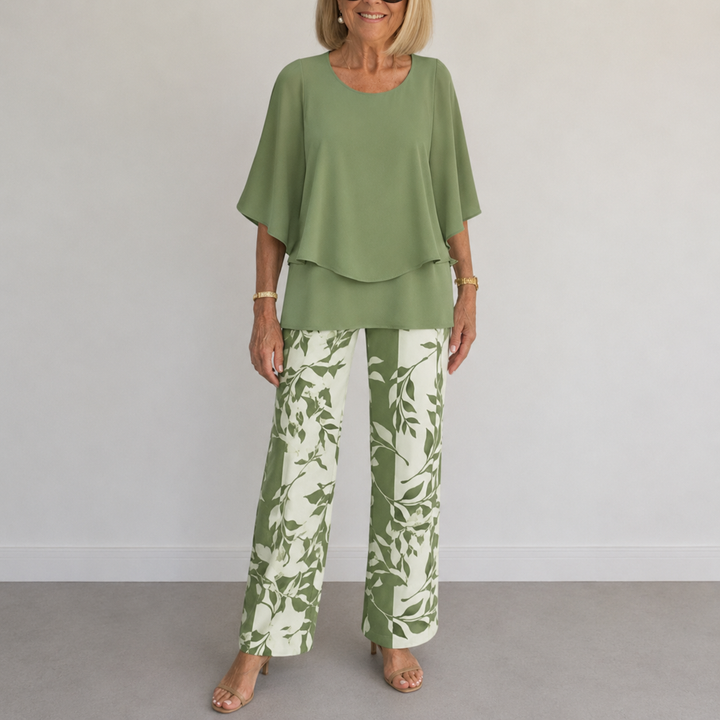 Women's Floral Print Two-Piece Pants Set with Draped Top