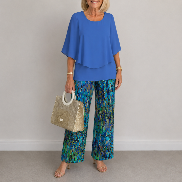 Women's Floral Print Two-Piece Pants Set with Draped Top