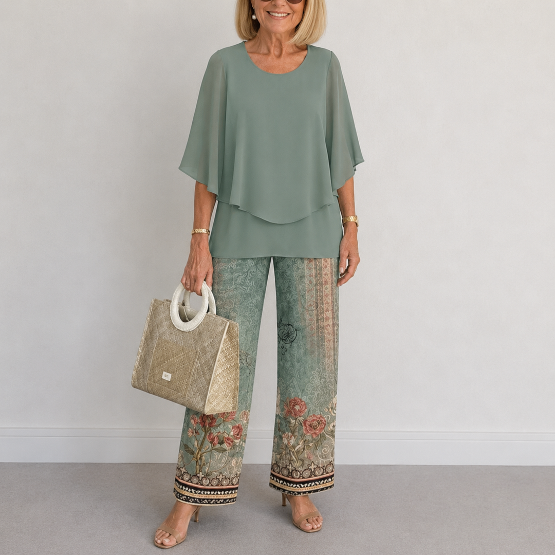 Women's Floral Print Two-Piece Pants Set with Draped Top