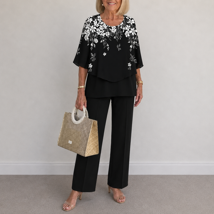 Women's Floral Print Two-Piece Pants Set with Draped Top