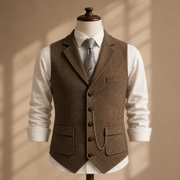 Men's Herringbone Lapel Vest with Pocket Chain Accent