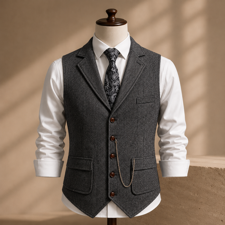Men's Herringbone Lapel Vest with Pocket Chain Accent