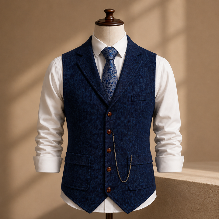 Men's Herringbone Lapel Vest with Pocket Chain Accent