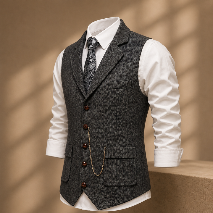 Men's Herringbone Lapel Vest with Pocket Chain Accent