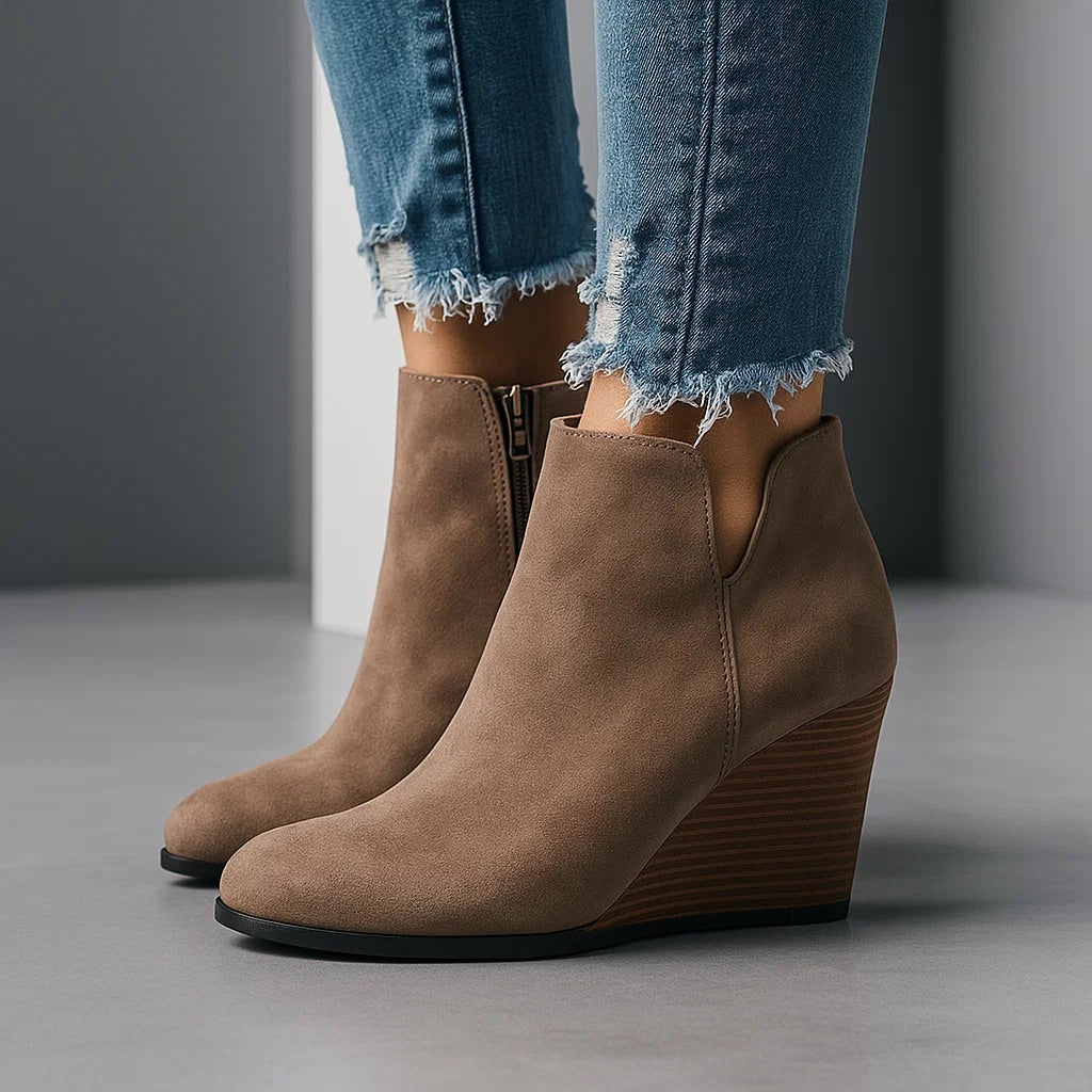 Women's Suede Wedge Ankle Boots with Side Cut-Out