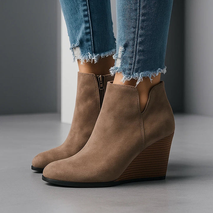 Women's Suede Wedge Ankle Boots with Side Cut-Out