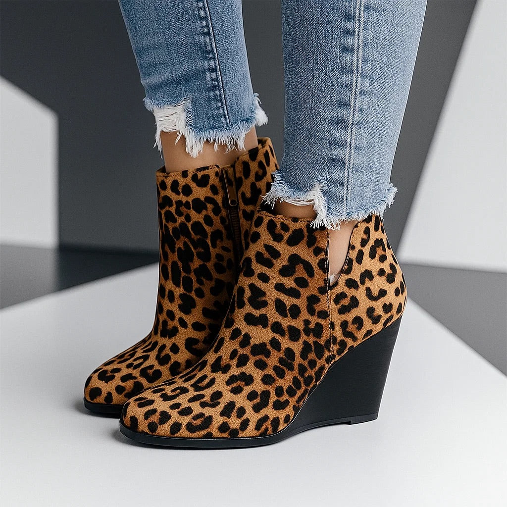 Women's Suede Wedge Ankle Boots with Side Cut-Out