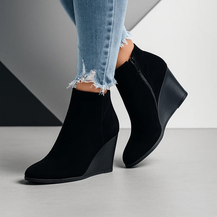 Women's Suede Wedge Ankle Boots with Side Cut-Out