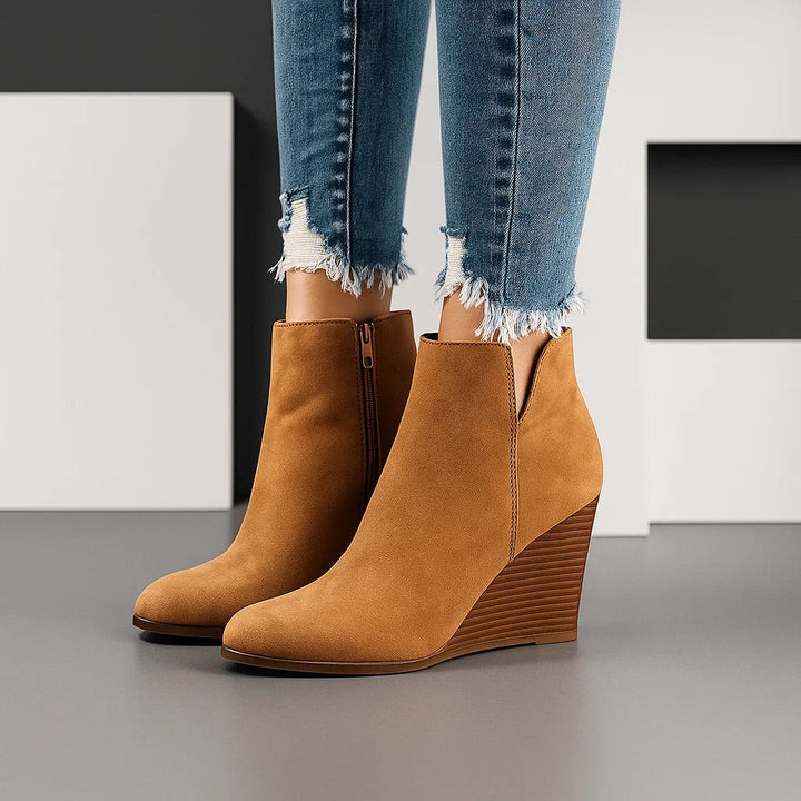 Women's Suede Wedge Ankle Boots with Side Cut-Out