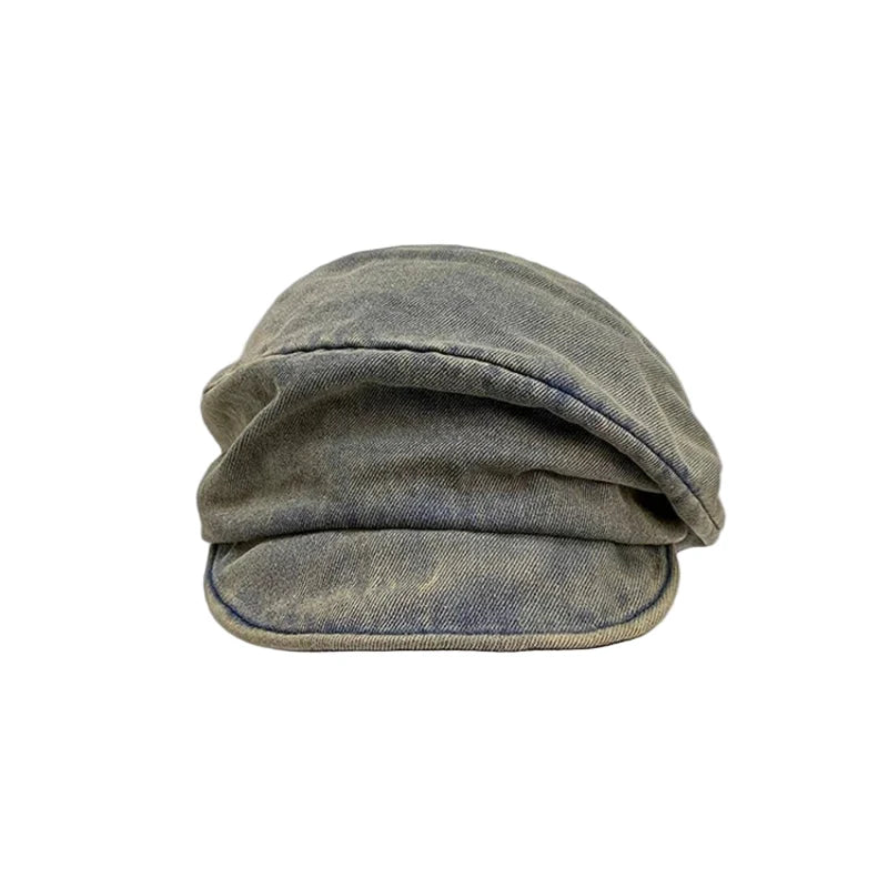 Washed Denim Newsboy Cap with Elastic Back Band