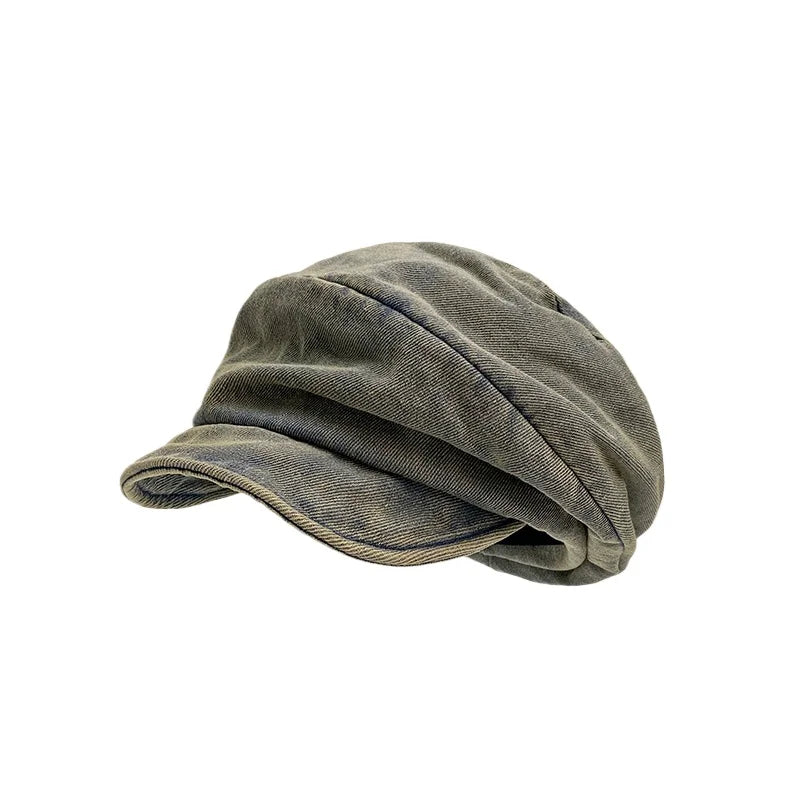Washed Denim Newsboy Cap with Elastic Back Band