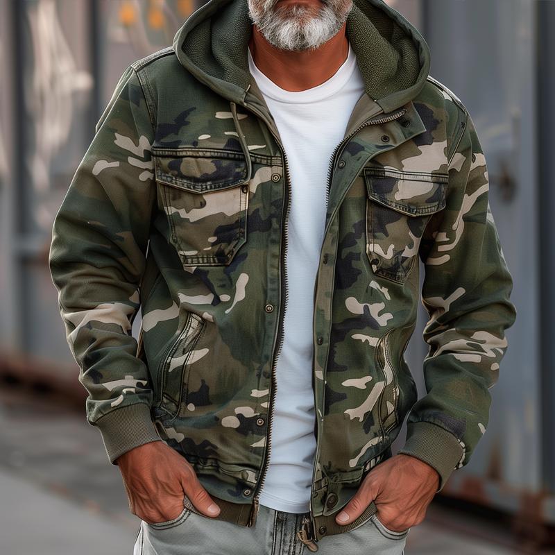 Men's Camo Hooded Utility Jacket with Chest Pockets