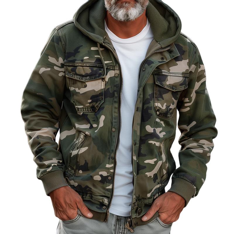 Men's Camo Hooded Utility Jacket with Chest Pockets