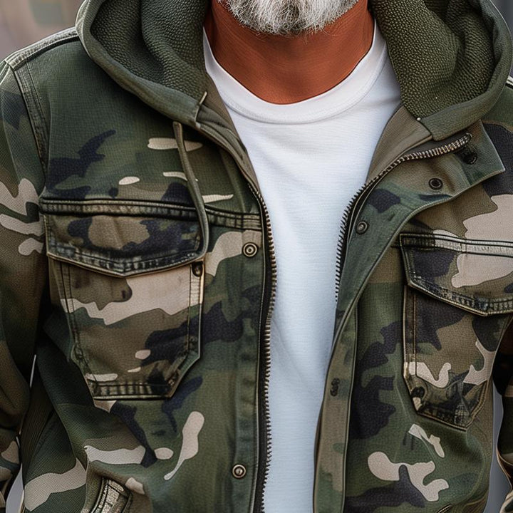 Men's Camo Hooded Utility Jacket with Chest Pockets