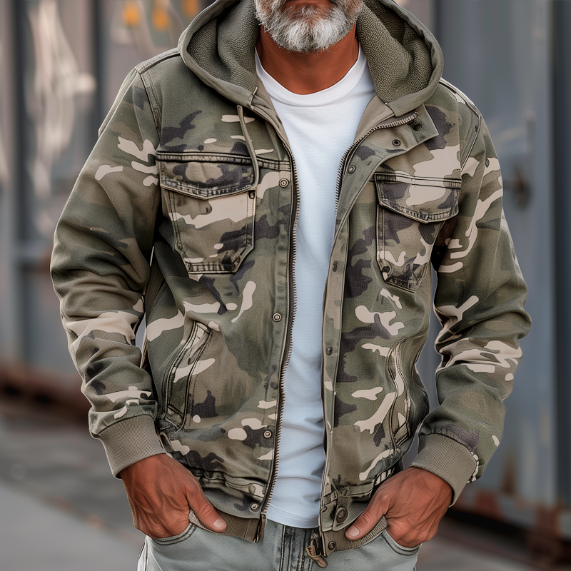 Men's Camo Hooded Utility Jacket with Chest Pockets