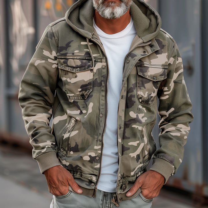 Men's Camo Hooded Utility Jacket with Chest Pockets