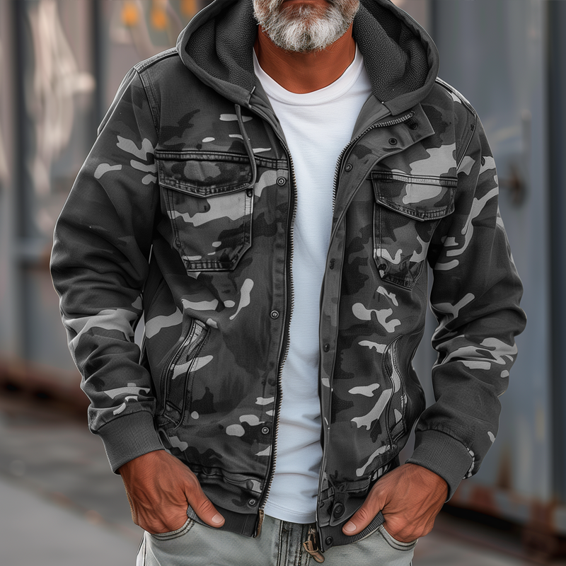 Men's Camo Hooded Utility Jacket with Chest Pockets