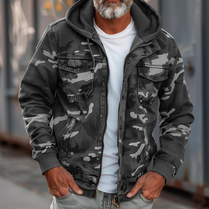 Men's Camo Hooded Utility Jacket with Chest Pockets