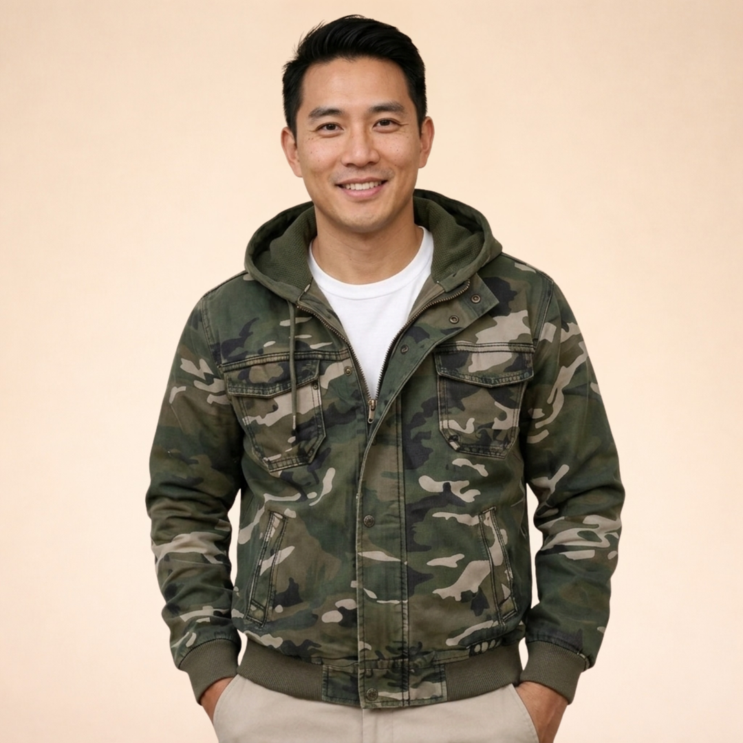 Men's Camo Hooded Utility Jacket with Chest Pockets