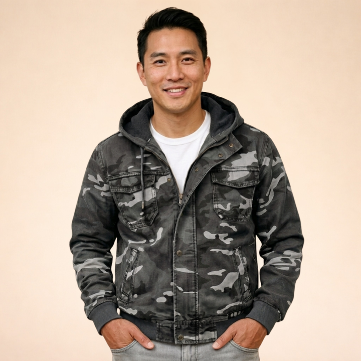 Men's Camo Hooded Utility Jacket with Chest Pockets