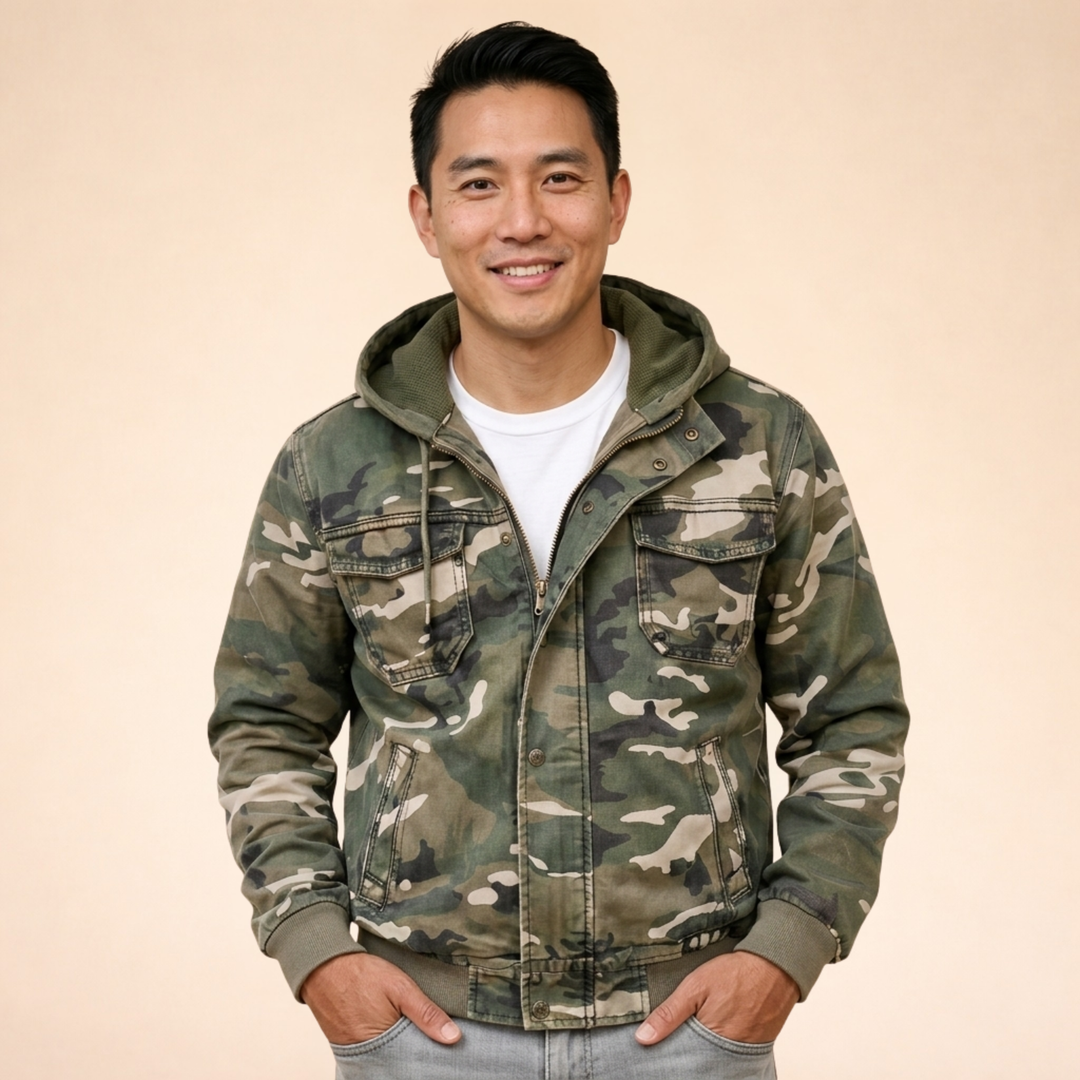 Men's Camo Hooded Utility Jacket with Chest Pockets