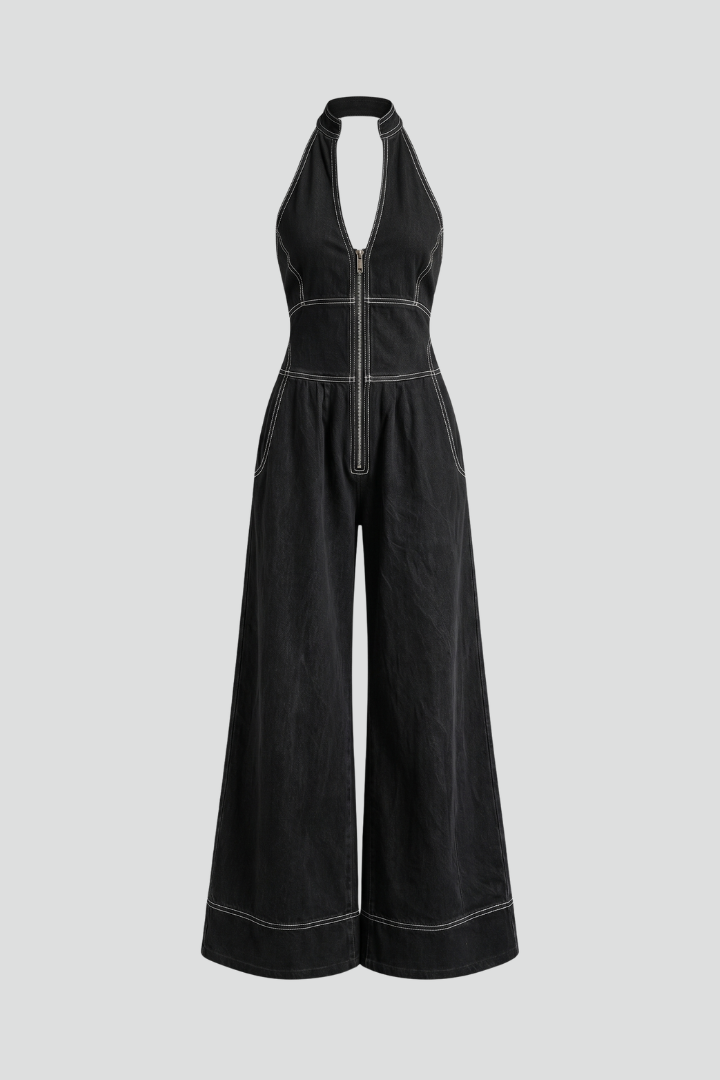 Women's Halter Zip Front Wide Leg Jumpsuit