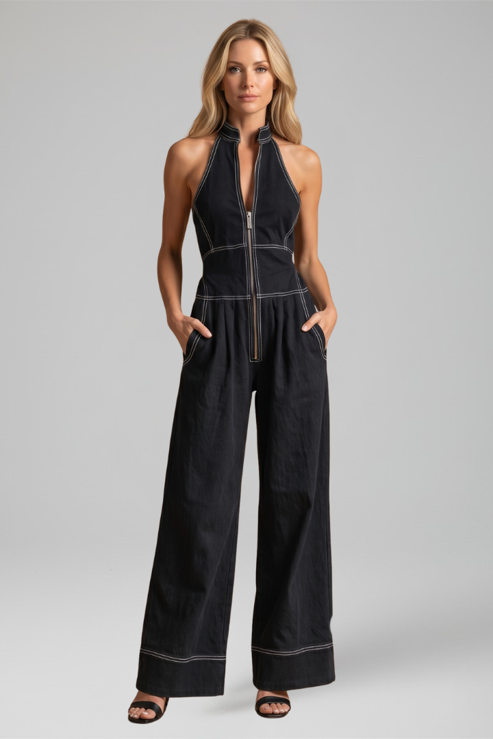Women's Halter Zip Front Wide Leg Jumpsuit
