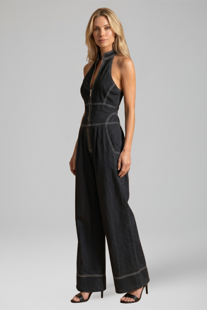 Women's Halter Zip Front Wide Leg Jumpsuit
