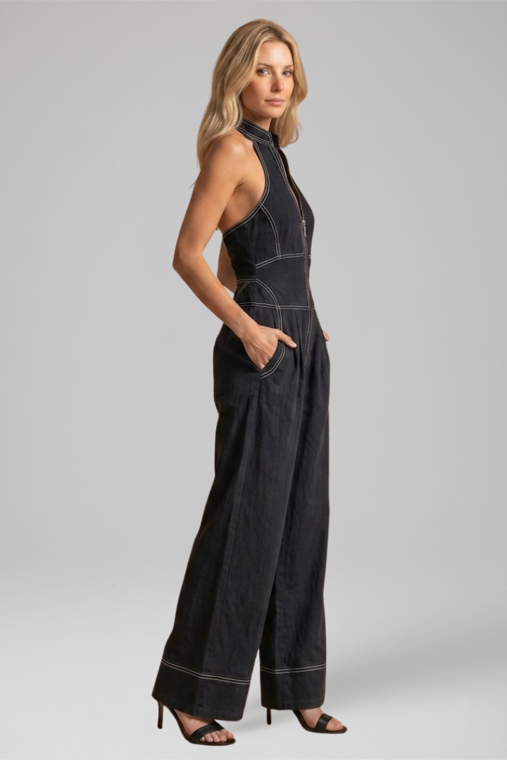 Women's Halter Zip Front Wide Leg Jumpsuit