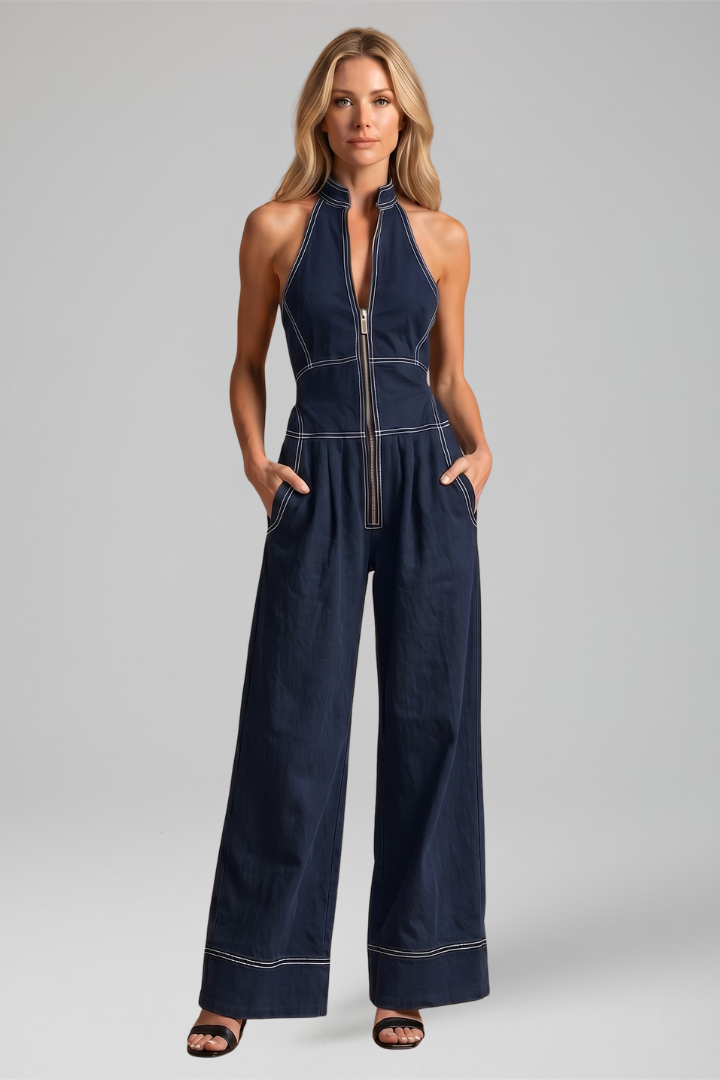 Women's Halter Zip Front Wide Leg Jumpsuit