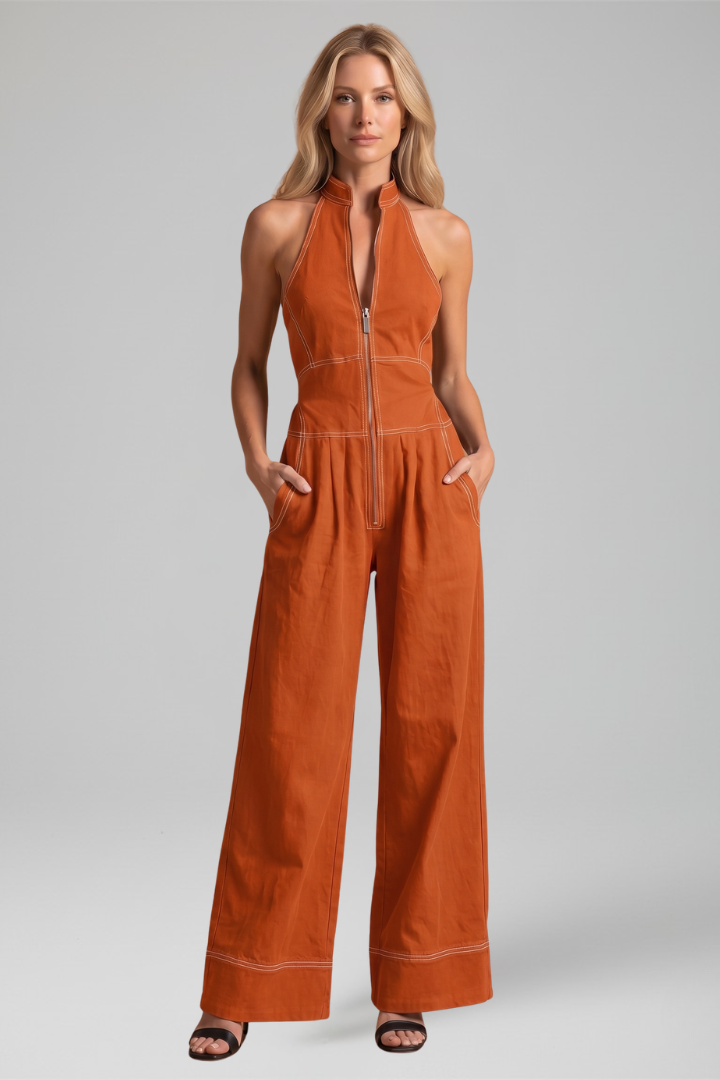 Women's Halter Zip Front Wide Leg Jumpsuit