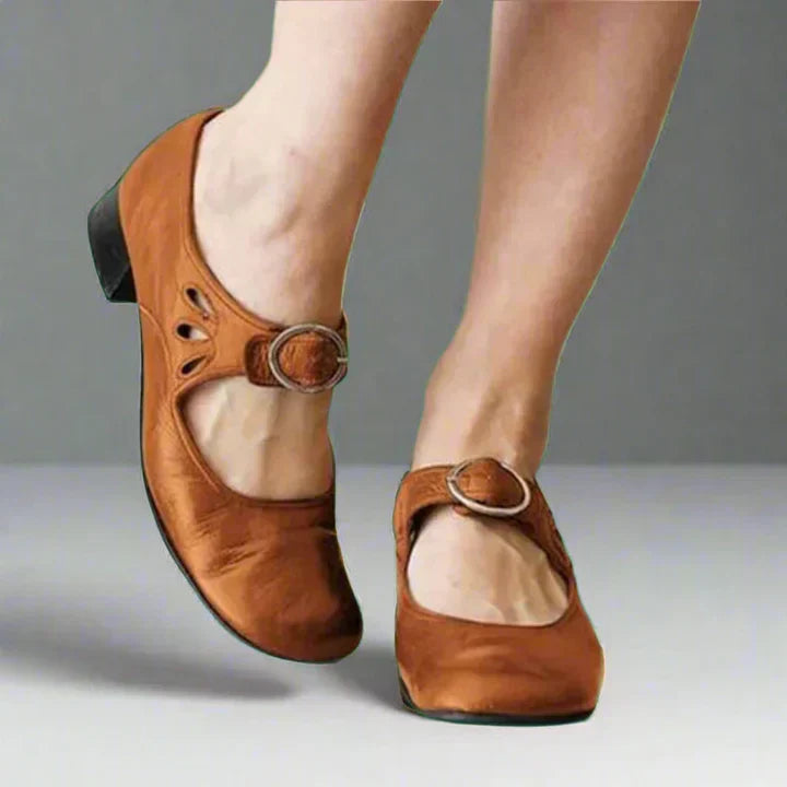 Women's Leather Mary Jane Flats with Buckle Strap