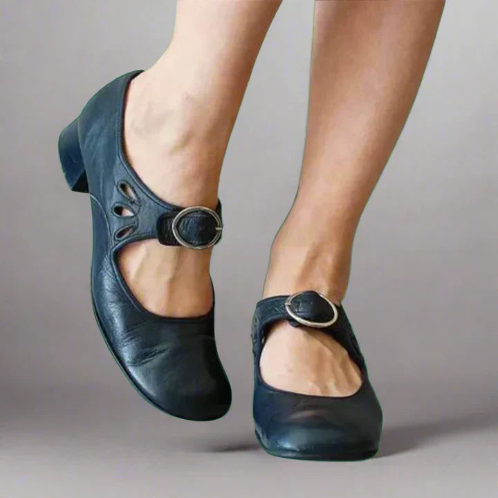 Women's Leather Mary Jane Flats with Buckle Strap