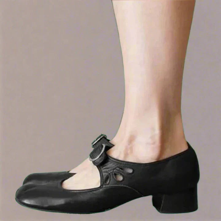Women's Leather Mary Jane Flats with Buckle Strap