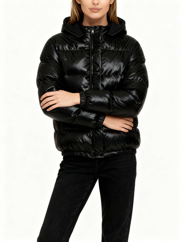 Women's Glossy Puffer Jacket with Hood