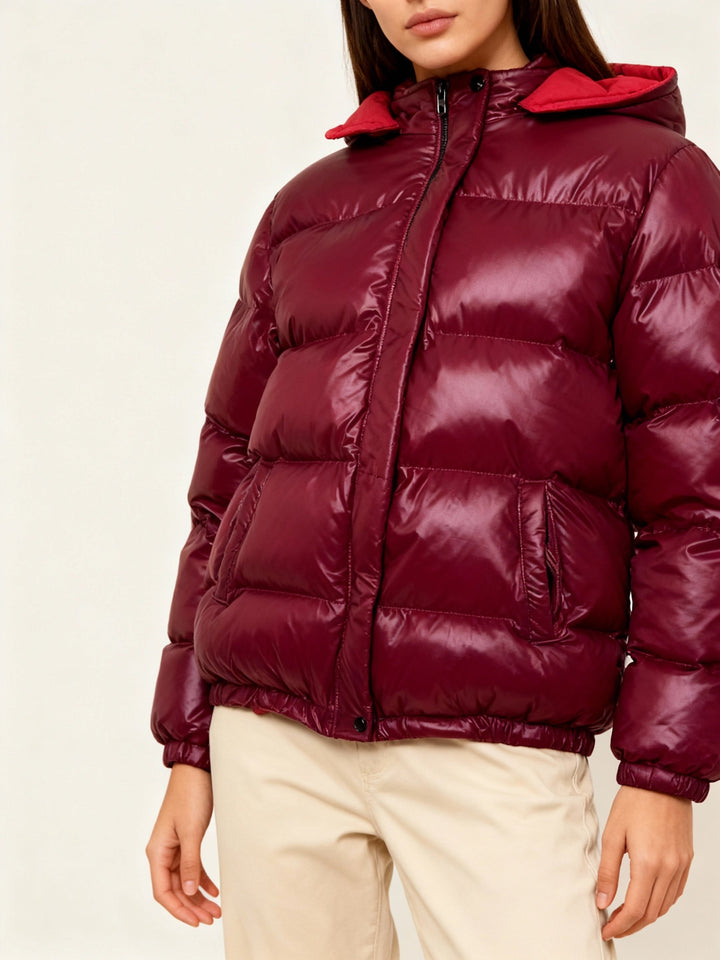 Women's Glossy Puffer Jacket with Hood