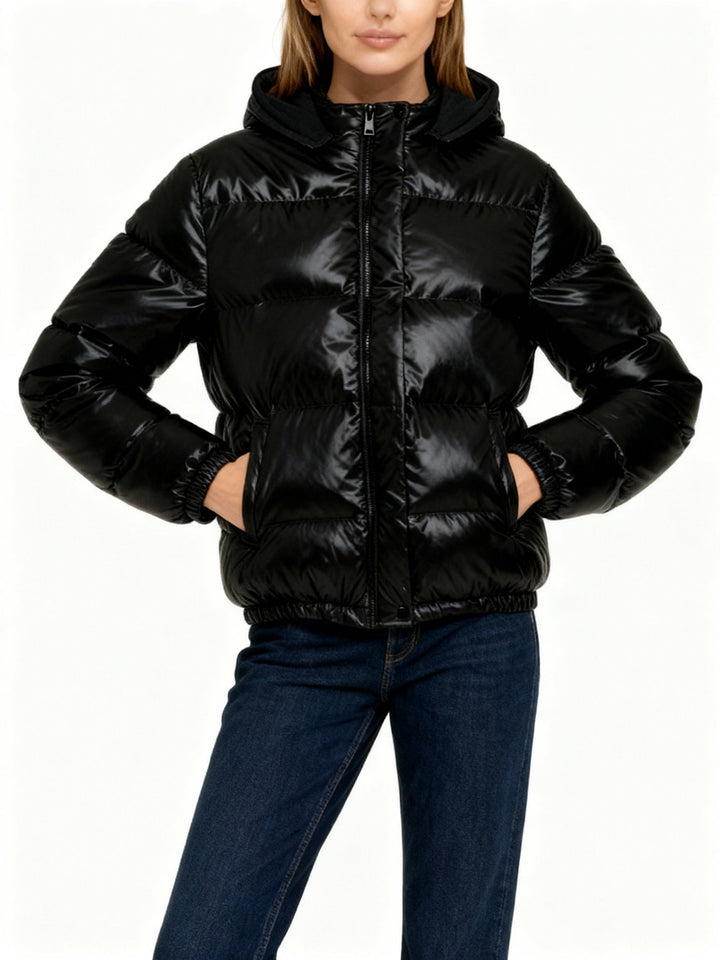 Women's Glossy Puffer Jacket with Hood