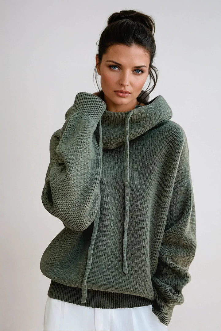 Women's Knit Hooded Sweater with Drawstring Hood
