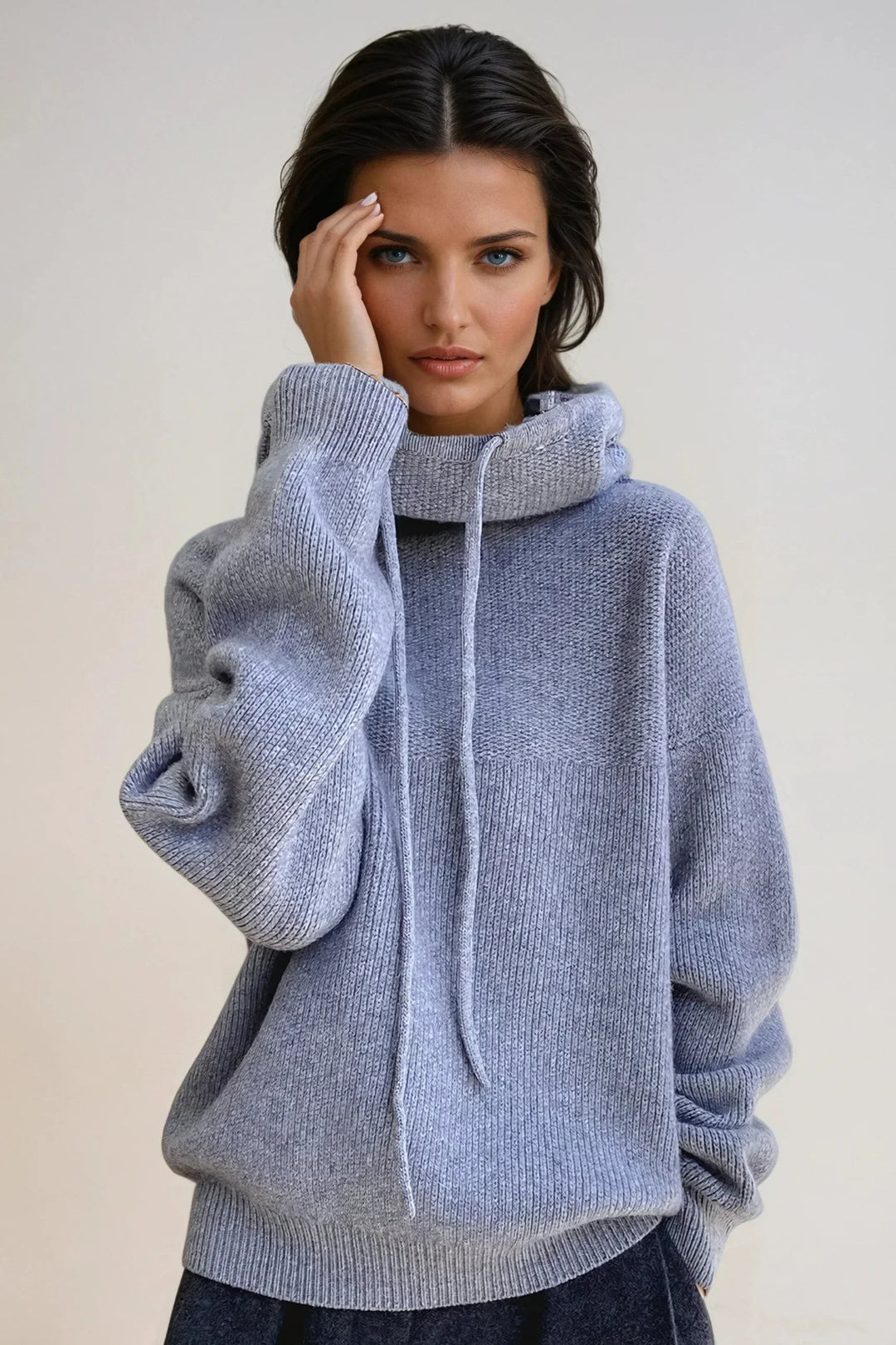 Women's Knit Hooded Sweater with Drawstring Hood