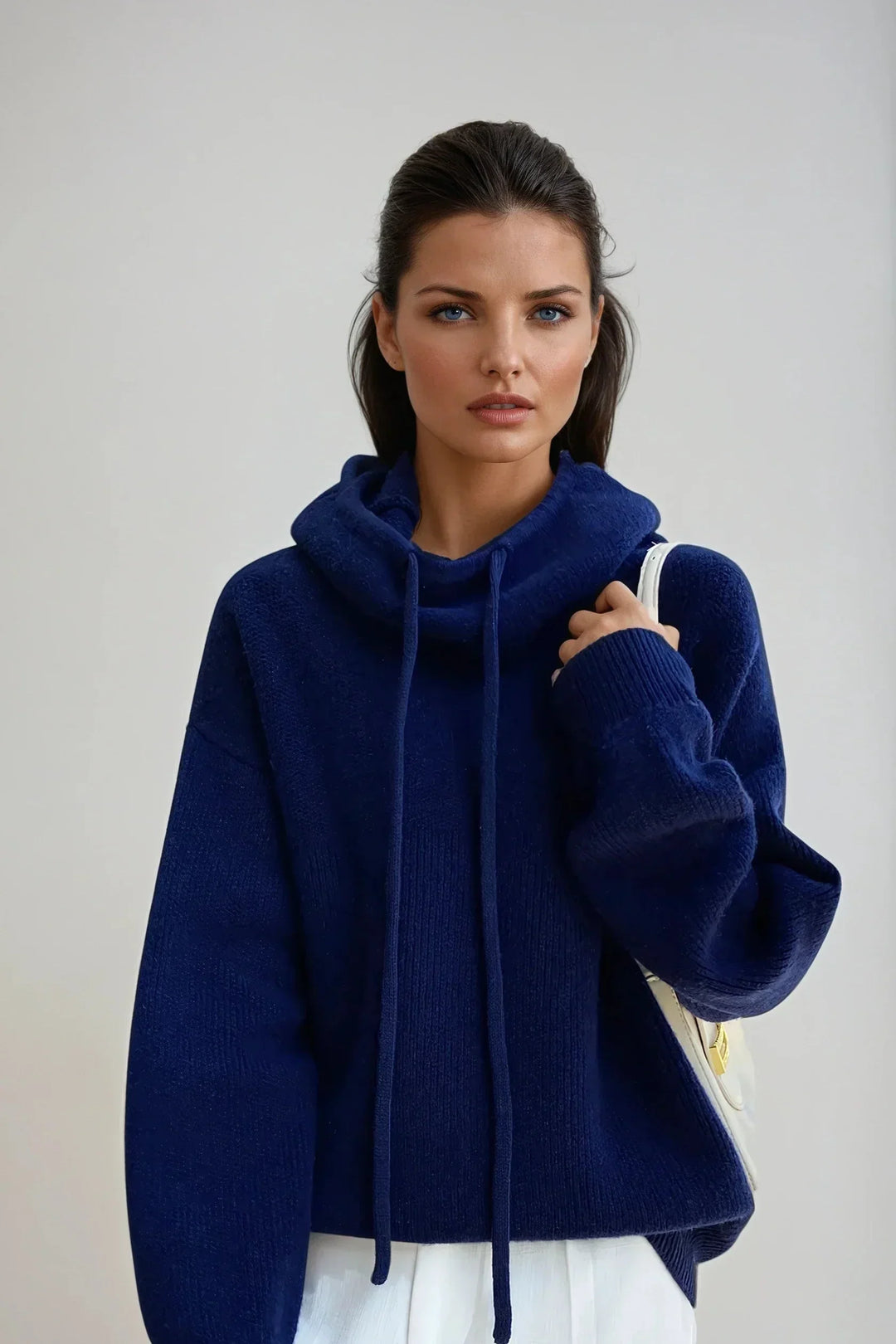 Women's Knit Hooded Sweater with Drawstring Hood