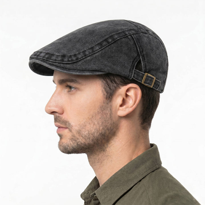 Men's Washed Denim Newsboy Flat Cap with Adjustable Band