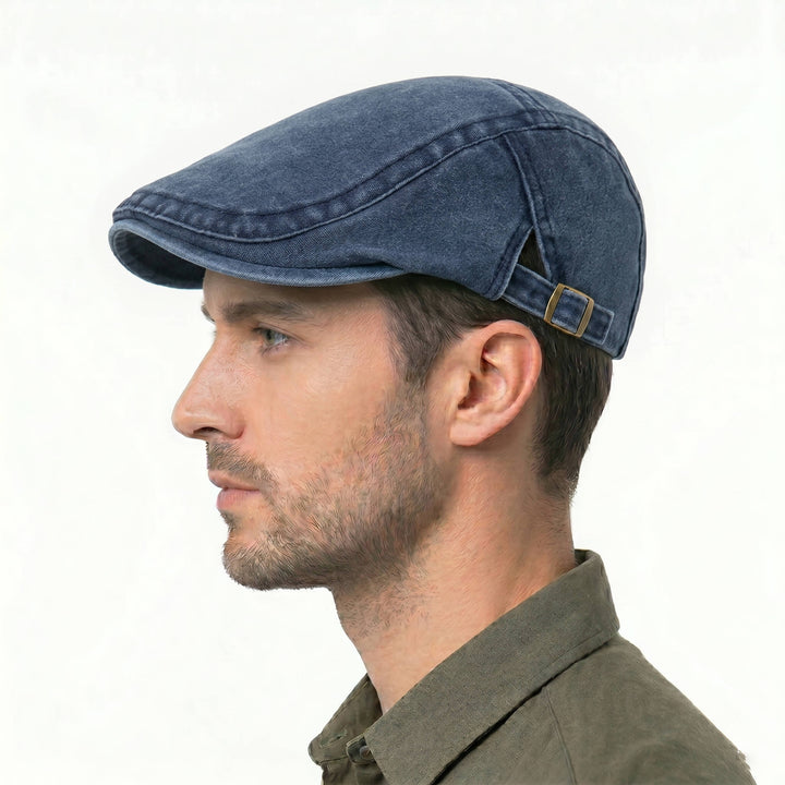 Men's Washed Denim Newsboy Flat Cap with Adjustable Band