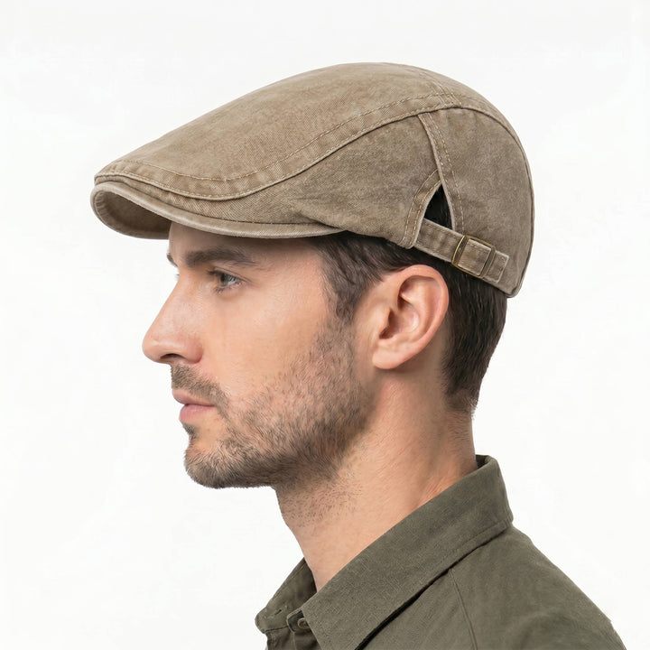 Men's Washed Denim Newsboy Flat Cap with Adjustable Band