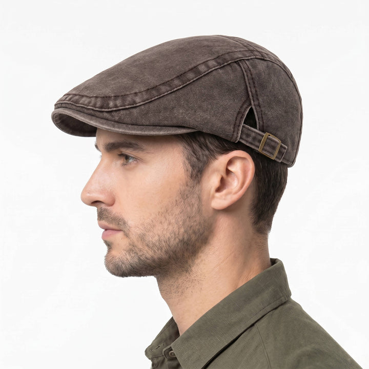 Men's Washed Denim Newsboy Flat Cap with Adjustable Band